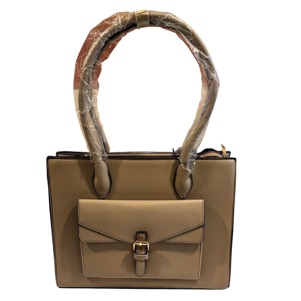 NWT Tan Pebbled Faux Leather Tote Bag Front Buckle Pocket Leopard Print Interior